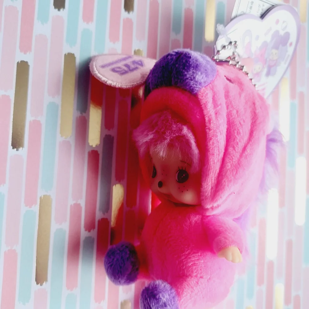 Sekiguchi 475 Monchhichi Pink and Purple unicorn Plush Toy keychain NWT